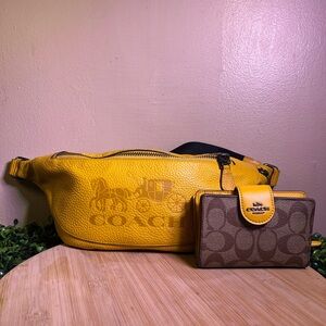 🔥 COACH PEPPLE LEATHER FANNY PACK WITH MED CORNER ZIP WALLET ORCHRE YELLOW KHAKI